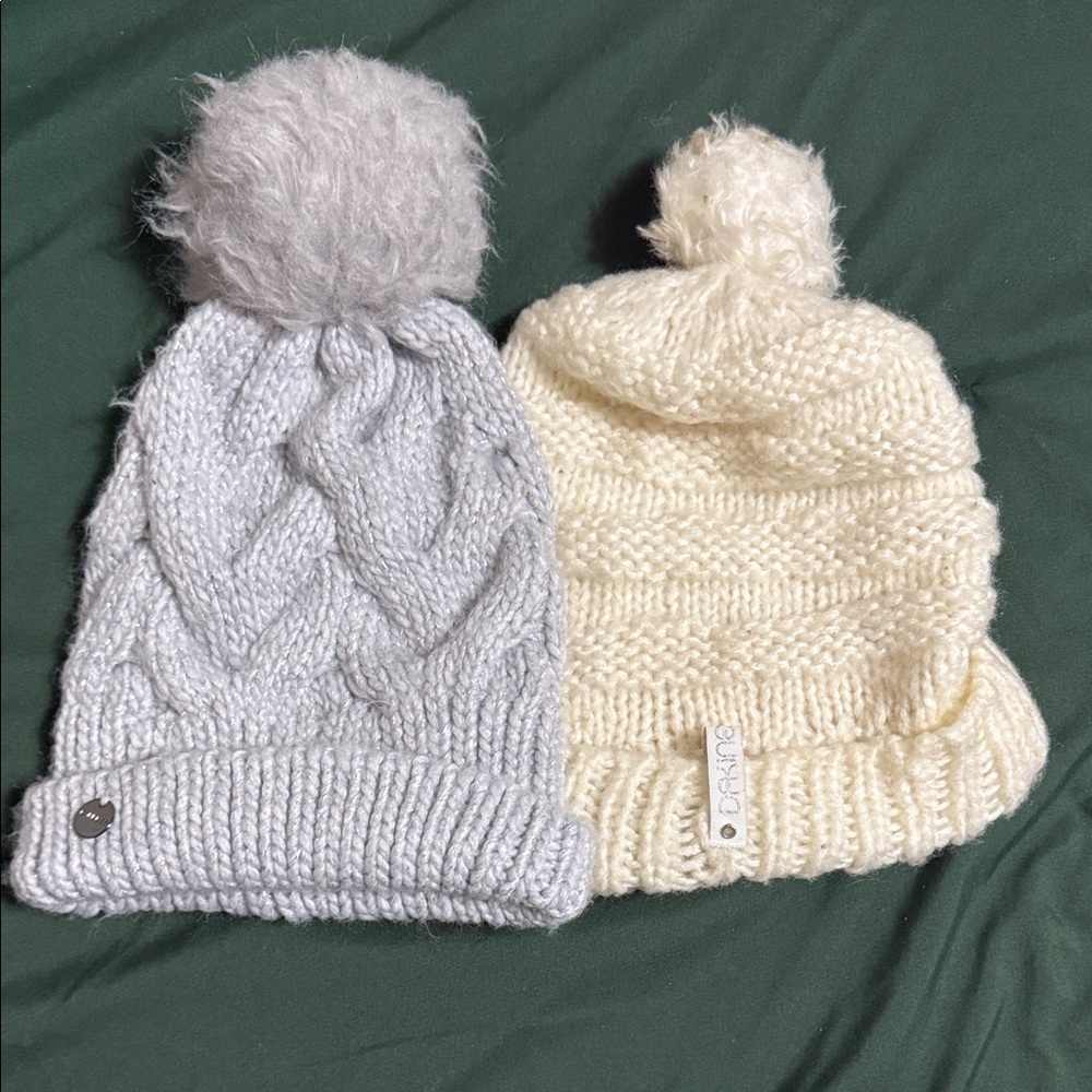 Cozy Knit Pom-Pom Beanies- Gray and Cream